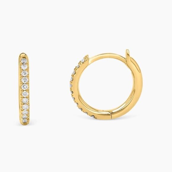 Gold Pavé Huggie Hoop Earrings 18K on 925 Sterling Silver CZ Everyday Jewelry - Picture 14 of 14